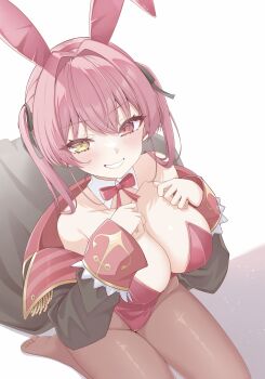 1girl absurdres black_coat bow bowtie breasts brown_pantyhose cleavage coat commentary_request detached_collar hair_ribbon hands_on_own_chest heterochromia highleg highleg_leotard highres hololive houshou_marine large_breasts leotard long_hair looking_at_viewer mt_mozuku no_shoes off_shoulder pantyhose playboy_bunny red_eyes red_hair red_leotard ribbon simple_background sitting solo strapless strapless_leotard twintails virtual_youtuber white_background yellow_eyes