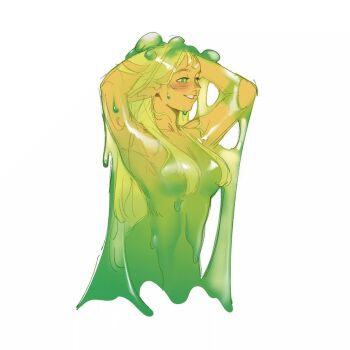 1girl aatom87 arms_up blonde_hair breasts commentary cropped_torso dungeon_meshi english_commentary green_eyes hands_in_own_hair marcille_donato medium_breasts nude pointy_ears slime_(substance) smile solo upper_body