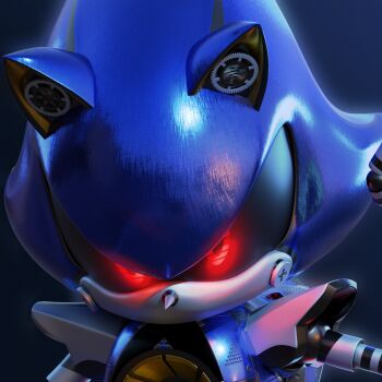 1boy 3d animal_ears black_sclera close-up colored_sclera commentary commentary_request english_commentary furry furry_male glowing glowing_eyes hedgehog_boy highres humanoid_robot looking_at_viewer male_focus metal_sonic portrait red_eyes robot sonic_(series) teva_(terraxy)