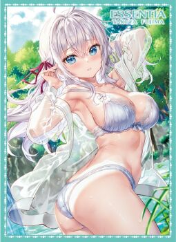 1girl ahoge alisa_mikhailovna_kujou arched_back arm_up armpits ass bare_shoulders blue_eyes bra breasts butt_crack cleavage closed_mouth commentary_request day frown fujima_takuya hair_ribbon hand_up lace_trim large_breasts lingerie long_hair looking_at_viewer looking_back open_clothes open_shirt outdoors panties parted_lips ribbon see-through_clothes see-through_shirt shirt solo strap_slip string_bra thighs tokidoki_bosotto_roshia-go_de_dereru_tonari_no_alya-san twisted_torso underwear wet white_bra white_hair white_panties white_shirt