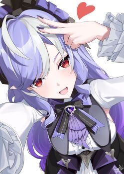 1girl :d absurdres ahoge black_bow black_bowtie black_skirt blush bow bowtie breasts center_frills commentary cowboy_shot eyebrows_hidden_by_hair eyelashes frilled_shirt frilled_sleeves frills hair_bow hair_intakes hand_up happy highres large_breasts leaning_forward long_hair long_sleeves looking_at_viewer multicolored_hair nail_polish open_mouth outstretched_arm pointy_ears pov purple_bow purple_hair purple_nails red_eyes reymrd selfie shirt sidelocks skirt slit_pupils smile solo streaked_hair swept_bangs v v_over_head very_long_hair vivian_banshee wavy_hair white_shirt wide_sleeves zenless_zone_zero