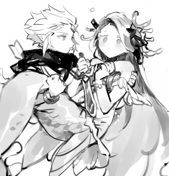 1girl arrow_(projectile) bad_id bad_twitter_id bikini blush cape carrying carrying_person commentary cookie_run coral_hair_ornament couple forehead_jewel greyscale hair_ornament hetero holding holding_sword holding_weapon humanization inactive_account liquid_hair long_hair mermaid monochrome monster_girl monsterification nana_(ebitokanimiso) painttool_sai_(medium) sea_fairy_cookie shell shell_bikini short_hair simple_background sketch swimsuit sword very_long_hair weapon white_background wind_archer_cookie