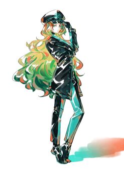 Rule 34 | 1girl, aqua eyes, aqua pants, black gloves, black hat, black jacket, black pants, black shoes, blind obsession (e.g.o), closed mouth, commentary, e.g.o (project moon), english commentary, expressionless, freckles, from side, full body, gloves, gradient hair, green hair, hand up, hashtag-only commentary, hat, hat tip, highres, ishmael (project moon), jacket, knees apart feet together, lawrika, limbus company, long sleeves, looking to the side, multicolored hair, neon trim, open clothes, open jacket, orange hair, pants, peaked cap, project moon, shoes, sidelocks, simple background, solo, standing, tiptoes, two-tone hair, two-tone pants, white background