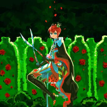 1boy antenna_hair award_ribbon bar_stool black_boots black_gloves boots cape checkered_sash collar collared_cape commentary crown english_commentary expressionless falling_petals flower frilled_collar frills from_side fsyoau full_body gloves grey_eyes hair_between_eyes heart_antenna_hair heartslabyul_dorm_uniform hedge_trimmer high_heel_boots high_heels highres holding knee_boots looking_at_viewer male_focus mini_crown neck_ribbon pants pants_tucked_in petals red_flower red_hair red_rose ribbon riddle_rosehearts rose rose_bush short_hair sidelocks sleeve_cuffs solo stool topiary twisted_wonderland two-sided_cape two-sided_fabric white_flower white_pants white_rose