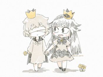 1boy 1girl bandages bandages_over_eyes blind_prince crown flower highres holding holding_flower holding_hands liar_princess sharp_teeth teeth usotsuki_hime_to_moumoku_ouji yabisara