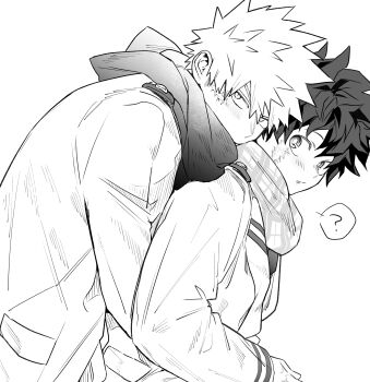 2boys ? absurdres bakugou_katsuki bcowano blush boku_no_hero_academia facial_scar greyscale hair_between_eyes highres hug hug_from_behind jacket looking_at_viewer male_focus midoriya_izuku monochrome multiple_boys parted_lips plaid_clothes plaid_scarf scar scar_on_cheek scar_on_face scarf school_uniform short_hair spiked_hair spoken_question_mark suit_jacket u.a._school_uniform upper_body white_background winter_clothes yaoi