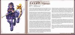 1girl alternate_language animal_ears blue_hair blush book centaur chain character_profile english_text female_focus hair_over_eyes hard-translated hood horse_ears kenkou_cross looking_at_viewer monster_girl monster_girl_encyclopedia monster_girl_profile nightmare_(monster_girl_encyclopedia) official_art open_book purple_hair revision robe scythe short_hair solo taur third-party_edit watermark web_address white_background wide_sleeves