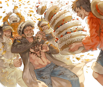 &gt;_&lt; 5boys ^_^ bear bepo_(one_piece) birthday birthday_cake black_coat blush cake chest_tattoo clenched_teeth closed_eyes coat commentary confetti denim earrings facial_hair food food_on_face goatee hand_tattoo happy_birthday hat jeans jewelry jumpsuit male_focus monkey_d._luffy multiple_boys one_piece pants penguin_(one_piece) red_shirt scar scar_on_chest scar_on_face shachi_(one_piece) shirt short_hair skar_1004 straw_hat sunglasses tattoo teeth trafalgar_law white_jumpsuit