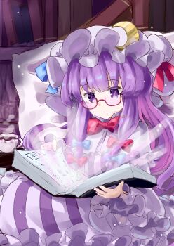 1girl absurdres blue_ribbon book bookshelf bow bowtie coffee coffee_mug crescent cup dress glasses hair_between_eyes hair_ribbon hat hat_ornament hat_ribbon highres holding holding_book library long_dress long_hair long_sleeves mob_cap mug patchouli_knowledge pillow puffy_long_sleeves puffy_sleeves purple_dress purple_eyes purple_hair reading red_bow red_bowtie red_ribbon ribbon sitting solo striped_clothes t-hou touhou white_dress
