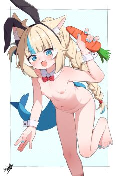 1girl absurdres animal_ear_fluff animal_ears barefoot blonde_hair blue_eyes blue_hair blue_nails boppin bow bowtie braid breasts commission detached_collar fake_animal_ears feet fins fish_tail food highres holding holding_food indie_virtual_youtuber loli looking_at_viewer multicolored_hair nail_polish navel nipples nude paid_reward_available rabbit_ears red_bow red_bowtie sameko_saba signature small_breasts solo streaked_hair tail toenails toes variant_set virtual_youtuber wrist_cuffs