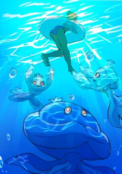 Rule 34 | 1girl, absurdres, air bubble, arms up, bikini, blue bikini, brown hair, bubble, caustics, frillish, frillish (female), frillish (male), from below, gen 5 pokemon, hair bun, highres, innertube, jellicent, jellicent (male), light reflection (water), makademia, neck ruff, nintendo, open mouth, partially submerged, pokemon, pokemon (creature), pokemon dppt, reaching, reaching towards another, red eyes, sidelocks, single hair bun, smile, swim ring, swimmer (pokemon), swimsuit, underwater, water