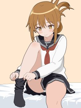 1girl bed black_sailor_collar black_skirt black_socks brown_eyes brown_hair commentary_request dressing feet_out_of_frame folded_ponytail highres inazuma_(kancolle) kantai_collection long_hair neckerchief panties pantyshot pink_background pleated_skirt red_neckerchief sailor_collar sailor_shirt school_uniform serafuku shirt sitting skirt socks solo sugapi underwear white_panties white_shirt