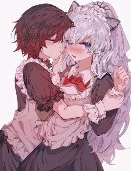 2girls akane031 animal_ears apron blush bow bowtie gradient_hair highres long_hair maid maid_apron multicolored_hair multiple_girls red_hair rejected_kiss ruby_rose rwby scar scar_across_eye scar_on_face short_hair weiss_schnee white_background white_hair yuri