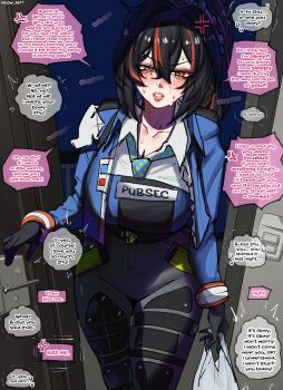 1girl absurdres bags_under_eyes black_gloves black_hair blue_jacket breasts cropped_legs exhausted gloves hair_between_eyes half-closed_eyes highres indoors jacket large_breasts long_hair looking_at_viewer meow_artt multicolored_hair parted_lips police police_uniform policewoman ponytail red_eyes red_streaks solo speech_bubble standing streaked_hair sweat zenless_zone_zero zhu_yuan