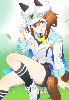 Rule 34 | 1girl, absurdres, adjusting clothes, adjusting headwear, animal ears, ascot, black shorts, black socks, blue eyes, bright pupils, brown hair, brown tail, cheval grand (grand itineraire) (umamusume), cheval grand (umamusume), collared shirt, commentary request, dot nose, falling leaves, foot out of frame, gloves, hair between eyes, hat, highres, horse ears, horse girl, horse tail, jacket, knee up, leaf, legs, long sleeves, looking at viewer, medium hair, midriff peek, mochihuman, on grass, open mouth, shirt, shoes, shorts, sidelocks, single glove, sitting, socks, tail, thighs, umamusume, white gloves, white hat, white jacket, white pupils, white shoes, yellow ascot
