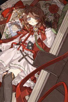 1girl belt blue_eyes blush boots bow brown_belt brown_hair cape chrysanthemum dot_nose dress flower gloves hair_ornament highres long_hair long_sleeves mini_person minigirl original parted_lips photo_(object) red_bow red_cape red_ribbon ribbon sidelocks solo sui_jiu_sheng thigh_boots wax_seal white_dress white_flower