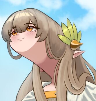 Rule 34 | 1girl, absurdres, arknights, blue sky, brown hair, cloud, commentary, english commentary, hair between eyes, highres, laurel crown, light blush, long hair, mintmosse, mole, mole under eye, muelsyse (arknights), orange eyes, pointy ears, sky, smile, upward angle frieren drawing (meme), very long face