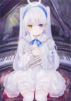 armband blush colored_pencil_(medium) darkkanan deaf disability dress eyes_visible_through_hair graphite_(medium) hairband halo hearing_aid highres indoors instrument lolita_fashion long_hair looking_at_viewer multicolored_eyes original piano sitting thighhighs traditional_media twintails white_dress white_hair white_thighhighs