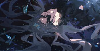 1girl :| absurdres arcaea black_dress black_hair blue_bow blue_butterfly blue_eyes bow breasts bug butterfly closed_mouth commentary cone_hair_bun criss-cross_halter dark dress expressionless grey_hair hair_bow hair_bun hair_spread_out half-closed_eyes halterneck highres insect lantern long_hair long_sleeves lying off-shoulder_dress off_shoulder on_back reset small_breasts solo tairitsu_(arcaea) tairitsu_(tempest)_(arcaea) upside-down very_long_hair wide_sleeves