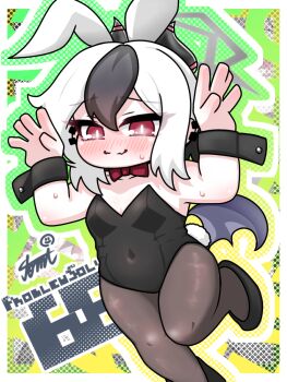 1girl alternate_costume animal_ears black_hair black_horns black_leotard black_pantyhose black_shoes black_wrist_cuffs blue_archive blush bow bowtie breasts closed_mouth commentary_request covered_navel demon_girl demon_horns demon_wings ear_piercing fake_animal_ears fake_tail grey_halo grey_wings halo horns kayoko_(blue_archive) leotard low_wings multicolored_hair pantyhose partial_commentary piercing playboy_bunny ponytail rabbit_ears rabbit_tail red_bow red_bowtie red_eyes shoes single_wing small_breasts solo strapless strapless_leotard sweat tail tomimon two-tone_hair white_hair wings wrist_cuffs