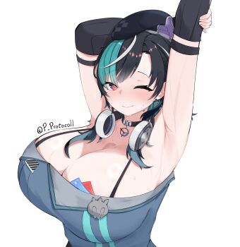 Rule 34 | 1girl, absurdres, armpits, bare shoulders, beret, black choker, black hair, black hat, blush, braid, breasts, choker, cleavage, detached sleeves, dress, green hair, hat, headphones, headphones around neck, highres, hololive, hololive dev is, huge breasts, large breasts, multicolored hair, official alternate costume, one eye closed, outstretched arm, p protocoll, presenting armpit, red eyes, rindo chihaya, rindo chihaya (holonatsu paradise), sleeveless, sleeveless dress, spaghetti strap, streaked hair, sweat, virtual youtuber, white hair