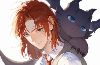 1boy absurdres blue_eyes cale_henituse closed_mouth collared_shirt commentary_request creature dragon grey_eyes highres korean_commentary looking_at_viewer lout_of_count&#039;s_family male_focus medium_hair monchya_33 necktie parted_bangs portrait raon_miru red_hair red_necktie shirt simple_background smile tail upper_body vest white_background white_shirt wings