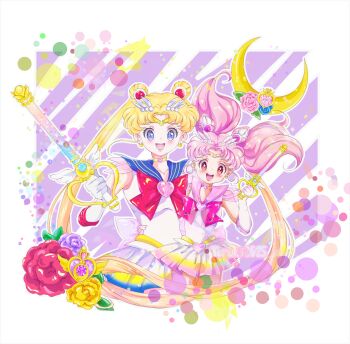2girls :d absurdres bishoujo_senshi_sailor_moon blonde_hair blue_eyes border chibi_moon_kaleido_scope_(sailor_moon_eternal) chibi_usa crescent crescent_moon flower highres holding holding_weapon moon moon_kaleido_scope_(sailor_moon_eternal) mother_and_daughter multiple_girls open_mouth outside_border pink_eyes pink_hair sailor_chibi_moon sailor_moon simple_background smile super_sailor_chibi_moon super_sailor_moon teruhii tsukino_usagi weapon white_background white_border