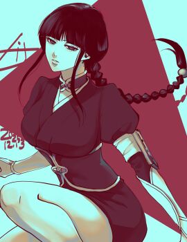 1girl ai_(ai1470) black_hair bleach blue_eyes braid braided_ponytail breasts kurotsuchi_nemu large_breasts long_hair solo