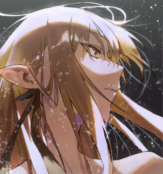 1girl absurdres bare_shoulders black_background black_ribbon blonde_hair close-up commentary english_commentary hair_ribbon highres kiss-shot_acerola-orion_heart-under-blade kizumonogatari looking_ahead monogatari_(series) oshino_shinobu pointy_ears ribbon tabulagami yellow_eyes