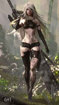 1girl 3d a2_(nier:automata) android blender_(medium) blue_eyes breasts closed_mouth commentary forest greatsword highres holding holding_sword holding_weapon long_hair looking_at_viewer medium_breasts nature navel nier:automata nier_(series) outdoors seven_(sixplusone) solo standing sword walking walking_towards_viewer weapon white_hair