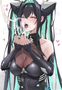 1girl absurdres aqua_hair black_bodysuit black_hair black_nails bodysuit breasts colored_inner_hair cum cum_bubble cum_in_mouth cum_on_body cum_on_hands cupping_hands facial_hair goddess_of_victory:_nikke hair_intakes heart hexagon_print highres honeycomb_(pattern) honeycomb_print implied_after_fellatio little_mermaid_(nikke) medium_breasts miz_blank multicolored_hair own_hands_together see-through_cleavage see-through_clothes solo stray_pubic_hair tongue two-tone_hair yellow_eyes