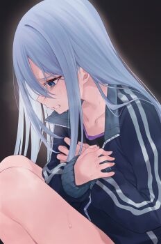 Rule 34 | 1girl, absurdres, black background, black shirt, blue eyes, blue hair, blue jacket, cha komugi, check commentary, clenched teeth, collarbone, commentary request, highres, jacket, long hair, long sidelocks, profile, project sekai, shirt, sidelocks, sitting, solo, sweat, teeth, track jacket, yoisaki kanade