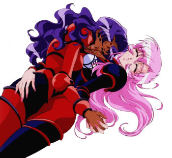 1990s_(style) 2girls armor ass bindi breasts closed_eyes dark-skinned_female dark_skin fingernails hand_on_ass himemiya_anthy long_hair lying multiple_girls nail_polish open_mouth own_hands_clasped own_hands_together pants pink_hair purple_hair retro_artstyle shoujo_kakumei_utena shoujo_kakumei_utena_adolescence_mokushiroku simple_background tenjou_utena wavy_hair yuri