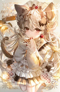 1girl animal_ears apple_hair_ornament black_bow bow brown_shoes cat_ears cat_girl cat_tail closed_mouth commentary_request cup dress food-themed_hair_ornament full_body grey_hair grey_sweater hair_bow hair_ornament heart highres holding holding_cup komorihikki lens_flare loafers long_hair long_sleeves looking_at_viewer nail_polish original puffy_long_sleeves puffy_sleeves rabbit_hair_ornament red_eyes red_nails shoes sleeves_past_wrists smile solo sparkle sweater swept_bangs tail teacup white_dress x_hair_ornament