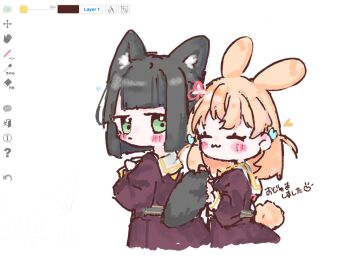 2girls :3 ^_^ animal_ears art_program_in_frame blush brown_dress cerise_bouquet closed_eyes closed_mouth commentary_request dress flower flower_knot fox_ears fox_girl fox_tail grabbing_another&#039;s_tail green_eyes hair_flower hair_ornament hasu_no_sora_school_uniform heart highres hinoshita_kaho kemonomimi_mode link!_like!_love_live! long_sleeves looking_at_another looking_back love_live! momose_ginko multiple_girls neckerchief paint_chat_(medium) rabbit_ears rabbit_girl rabbit_hair_ornament rabbit_tail red_neckerchief sailor_collar sailor_dress school_uniform sidomi simple_background tail two_side_up virtual_youtuber white_background white_sailor_collar winter_uniform yellow_neckerchief