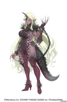 artist_request bead_necklace beads black_fur blonde_hair breasts chain chinese_knot claws closed_mouth colored_skin copyright_name covered_navel cuffs demon_girl earrings gem gold_necklace groin high_heels highres hoop_earrings horns impossible_clothes jewelry large_breasts linea_alba long_hair looking_at_viewer marvelous monster_girl muscular muscular_female necklace official_art pointy_ears purple_skin queen's_blade queen's_blade_limit_break rasetsu_(senran_kagura) red_eyes revealing_clothes senran_kagura senran_kagura_new_link shackles shiny_skin sideboob sidelocks single_horn skin-covered_horns skin_tight slit_pupils smirk standing tail tassel third-party_source third_eye very_long_hair wide_hips yellow_eyes yellow_gemstone