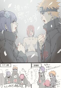 1girl akatsuki_(naruto) akatsuki_uniform blush face_piercing flower hair_bun hair_flower hair_ornament highres konan_(naruto) labret_piercing looking_at_another meitarou nagato_(naruto) naruto_(series) naruto_shippuuden open_mouth orange_hair pain_(naruto) paper piercing purple_hair red_hair short_hair smile translation_request yahiko_(naruto)