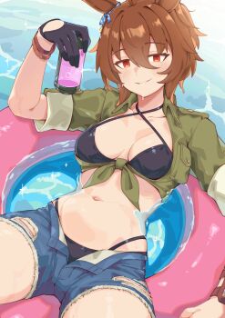 1girl absurdres agnes_tachyon_(lunatic_lab)_(umamusume) agnes_tachyon_(umamusume) animal_ears bikini bikini_bottom_under_shorts bikini_under_clothes black_bikini black_gloves blush brown_hair collarbone commentary_request criss-cross_halter denim denim_shorts flask gloves green_jacket hair_between_eyes halterneck highres holding holding_flask horse_ears horse_girl innertube jacket kokuya_(kokuya28) looking_at_viewer navel official_alternate_costume on_innertube open_fly partially_submerged red_eyes short_hair short_shorts short_sleeves shorts smile solo stomach swim_ring swimsuit tied_jacket torn_clothes torn_shorts umamusume