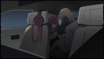 2girls back black_shirt black_sweater blush bra breasts car_interior car_seat covered_eyes feet_out_of_frame floral_print grey_hair hair_over_eyes highres hinagi_(fox_priest) honkai:_star_rail honkai_(series) implied_futanari kafka_(honkai:_star_rail) large_breasts legs_up long_hair long_sleeves low_ponytail multiple_girls open_mouth ponytail purple_bra purple_hair rose_print sex shirt sidelocks sleeves_rolled_up stelle_(honkai:_star_rail) sweat sweater trailblazer_(honkai:_star_rail) turtleneck turtleneck_sweater underwear yuri