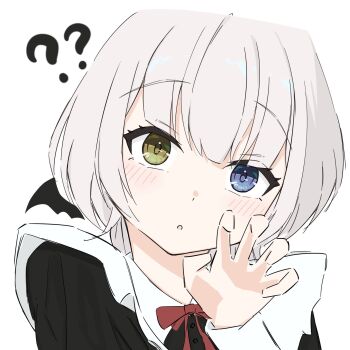 1girl ? ?? bang_dream! bang_dream!_it&#039;s_mygo!!!!! blue_eyes blush claw_pose commentary hand_up heterochromia highres kaname_raana long_sleeves melty_lubll open_mouth short_hair simple_background solo upper_body white_background white_hair yellow_eyes