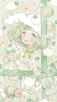1girl :d absurdres blush bow bowtie braid braided_bangs cloud_hat clover commentary_request cowboy_shot dress four-leaf_clover green_eyes green_hair hat highres juliet_sleeves long_sleeves looking_at_viewer open_mouth original puffy_sleeves ryokuno_green short_hair smile solo sparkle standing steam white_dress white_hat yarn