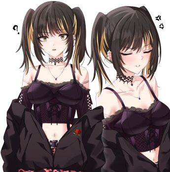 Rule 34 | 1girl, ?, alternate hairstyle, anger vein, black hair, black jacket, blonde streaks, blush, closed eyes, collarbone, commentary, cropped shirt, ear piercing, highres, idolmaster, idolmaster shiny colors, ikaruga luca, jacket, jacket partially removed, jewelry, landel, long hair, looking at viewer, midriff, navel, necklace, off-shoulder shirt, off shoulder, piercing, shirt, simple background, twintails, upper body, white background