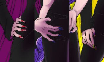 Rule 34 | 3girls, blue nails, braid, braided ponytail, fingernails, green nails, hand focus, hand on own hip, highres, kpop demon hunters, long fingernails, long sleeves, multiple girls, oolelele, pink hair, purple hair, purple nails, red nails, zoey (kpop demon hunters)