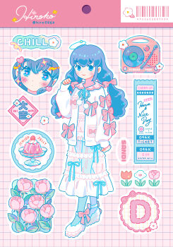 1girl artist_name barcode blue_eyes blue_hair blue_pantyhose bow commentary_request d_(letter) flower food fruit gelatin grid_background hair_bow halo hand_up heart highres hiro046k jacket original outline pantyhose pink_background pink_bow pink_flower pink_shirt radio red_flower see-through_clothes see-through_skirt shirt shoes skirt sparkle sticker_sheet_(medium) strawberry ticket tulip twintails twitter_username whipped_cream white_flower white_jacket white_shoes