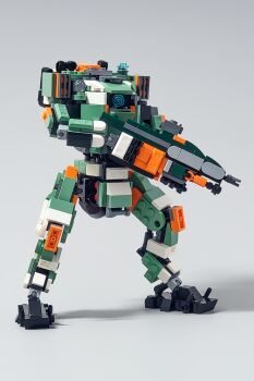 Rule 34 | absurdres, bt-7274, commentary, english commentary, figure (medium), grey background, gun, highres, holding, holding gun, holding weapon, lego (medium), looking at viewer, mecha, mecha focus, no humans, one-eyed, photo (medium), rabidflea, robot, science fiction, shadow, titan (titanfall), titanfall (series), titanfall 2, unconventional media, weapon