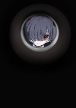 1girl absurdres blue_archive bright_pupils choker collared_shirt commentary_request eyeball_hair_ornament grey_hair hair_over_one_eye highres kanoe_(blue_archive) looking_at_viewer mojyo multicolored_eyes pov_peephole rontuta6 shirt smile solo white_pupils