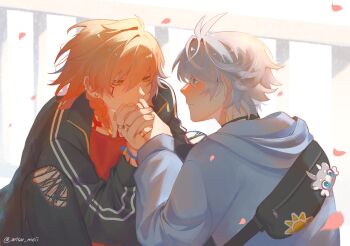 Rule 34 | 2boys, alternate costume, arisu meii, black choker, black pants, blue eyes, blue hoodie, blush, braid, choker, closed mouth, commentary, earrings, english commentary, eye contact, facial tattoo, falling petals, gradient hair, highres, holding hands, honkai: star rail, honkai (series), hood, hood down, hoodie, jacket, jewelry, kiss, kissing hand, looking at another, male focus, medium hair, multicolored hair, multiple boys, mydei (honkai: star rail), neck tattoo, pants, petals, phainon (honkai: star rail), phainon (vigethos) (honkai: star rail), piercing, side braid, striped clothes, striped jacket, stud earrings, tattoo, torn clothes, torn pants, twitter username, vertical-striped clothes, vertical-striped jacket, yaoi, yellow eyes