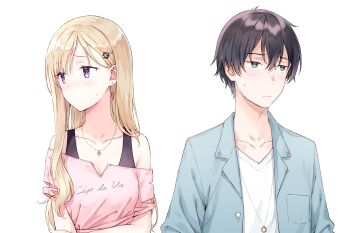 Rule 34 | 1boy, 1girl, aqua jacket, asamura yuuta, ayase saki, bare shoulders, blonde hair, blush, breast pocket, brother and sister, brother and step-sister, brown hair, closed mouth, clothes writing, collarbone, commentary request, earrings, floating earrings, gimai seikatsu, green eyes, hair between eyes, hair ornament, hairclip, highres, hiten (hitenkei), jacket, jewelry, layered shirt, long hair, looking to the side, necklace, off-shoulder shirt, off shoulder, official art, open clothes, open jacket, pocket, purple eyes, ring, ring necklace, second-party source, shirt, short hair, short sleeves, siblings, side-by-side, simple background, step-brother and step-sister, step-siblings, sweat, upper body, white background, white shirt