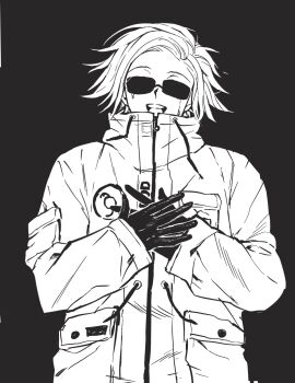 Rule 34 | 1boy, :d, aotsuki eito, breast pocket, commentary, crying, drawstring, facing viewer, gloves, hands on own chest, highres, jacket, male focus, monochrome, open mouth, pocket, short hair, smile, solo, sunglasses, symbol-only commentary, the hundred line -last defense academy-, upper body, variant set, zunzhiyu