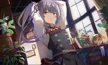 Rule 34 | 2girls, arms behind head, belt, black ribbon, brown eyes, cat, collared shirt, dress, dress shirt, dutch angle, error musume, girl holding a cat (kancolle), grey hair, indoors, kantai collection, kasumi (kancolle), kasumi kai ni (kancolle), long hair, long sleeves, multiple girls, neck ribbon, o-sirius, pinafore dress, plant, potted plant, red ribbon, ribbon, shirt, side ponytail, sleeveless, sleeveless dress, unfinished, white shirt, window